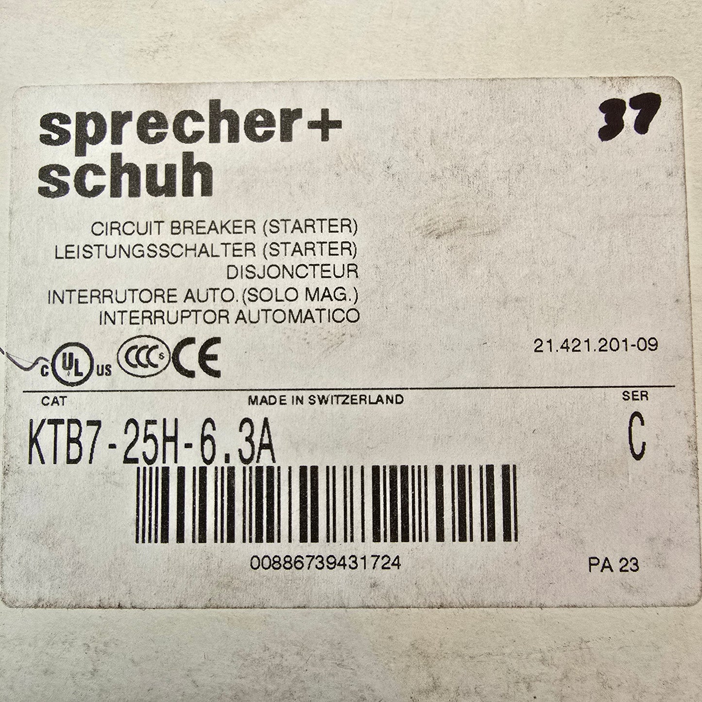 Sprecher+Schuh KTB7-25H-6.3A Motor Protection Circuit Breaker 6.3A KTB725H6P3A