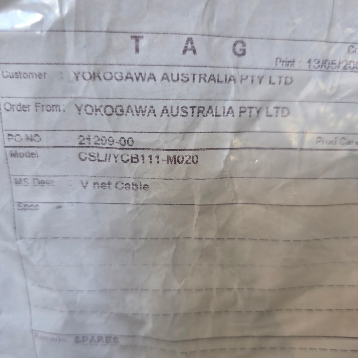 Yokogawa YCB111-M020 V Net Cable 10BASE-5 N-Type (NEW)