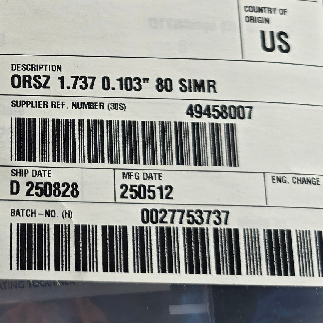 Freudenberg 1001204311 Simriz FFKM O-Ring 1.737" x 0.103" 80 Shore (NEW Sealed)