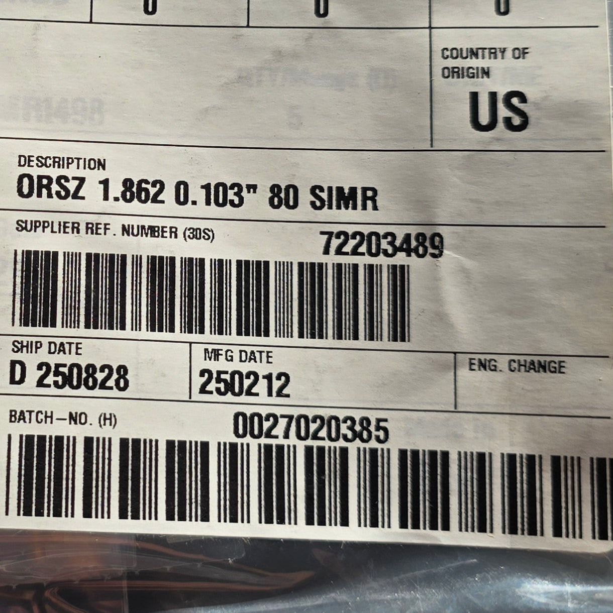 Freudenberg 1001204315 Simriz FFKM O-Ring 1.862" x 0.103" 80 Shore (NEW Sealed)
