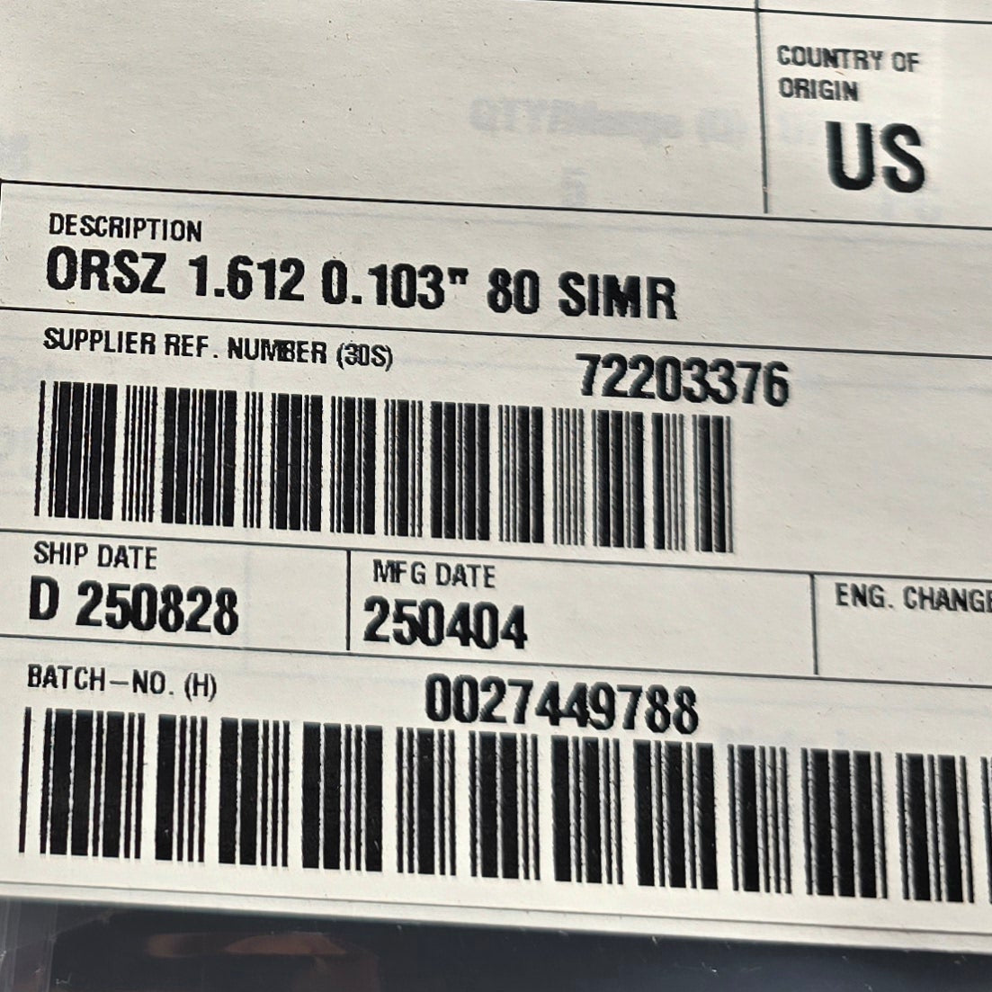 Freudenberg 1001216489 Simriz FFKM O-Ring 1.612" x 0.103" 80 Shore (NEW Sealed)