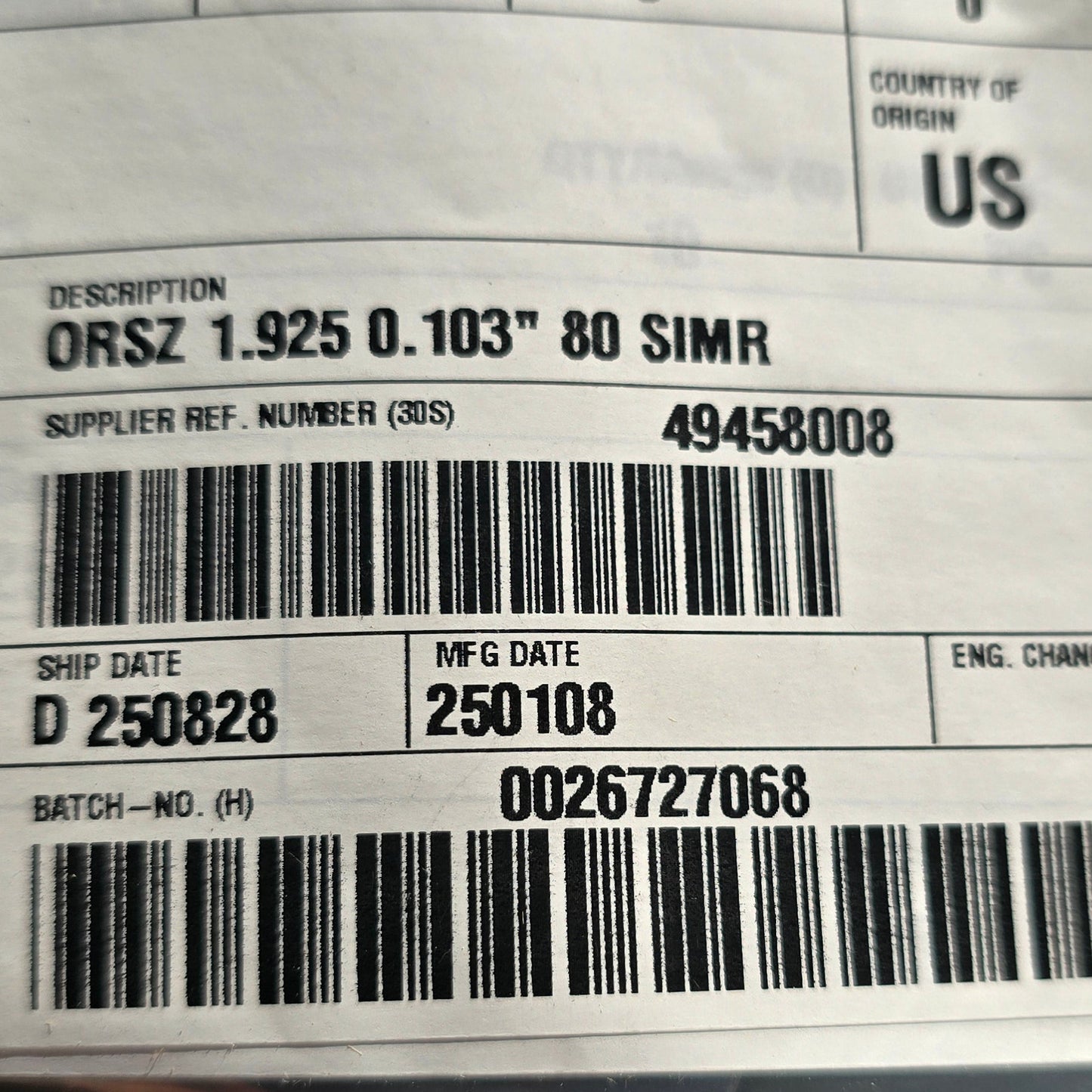 Freudenberg 1001216490 Simriz FFKM O-Ring 1.925" x 0.103" 80 Shore (NEW Sealed)