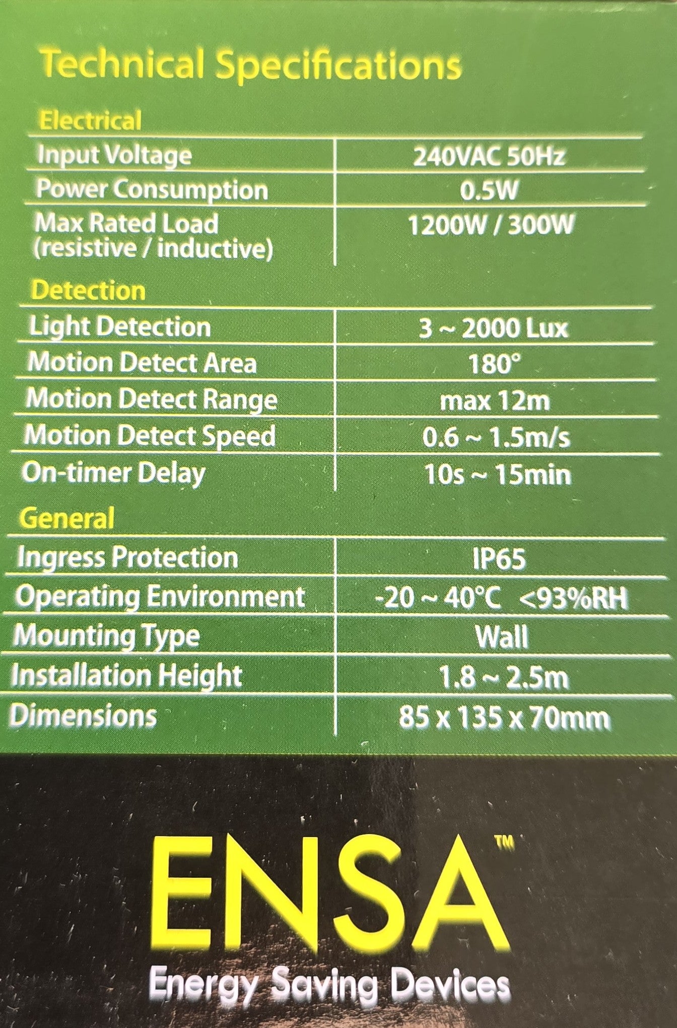 ENSA ENSA-PS1 Intelligent PIR Sensor Switch 240V IP65 12m Motion Detector