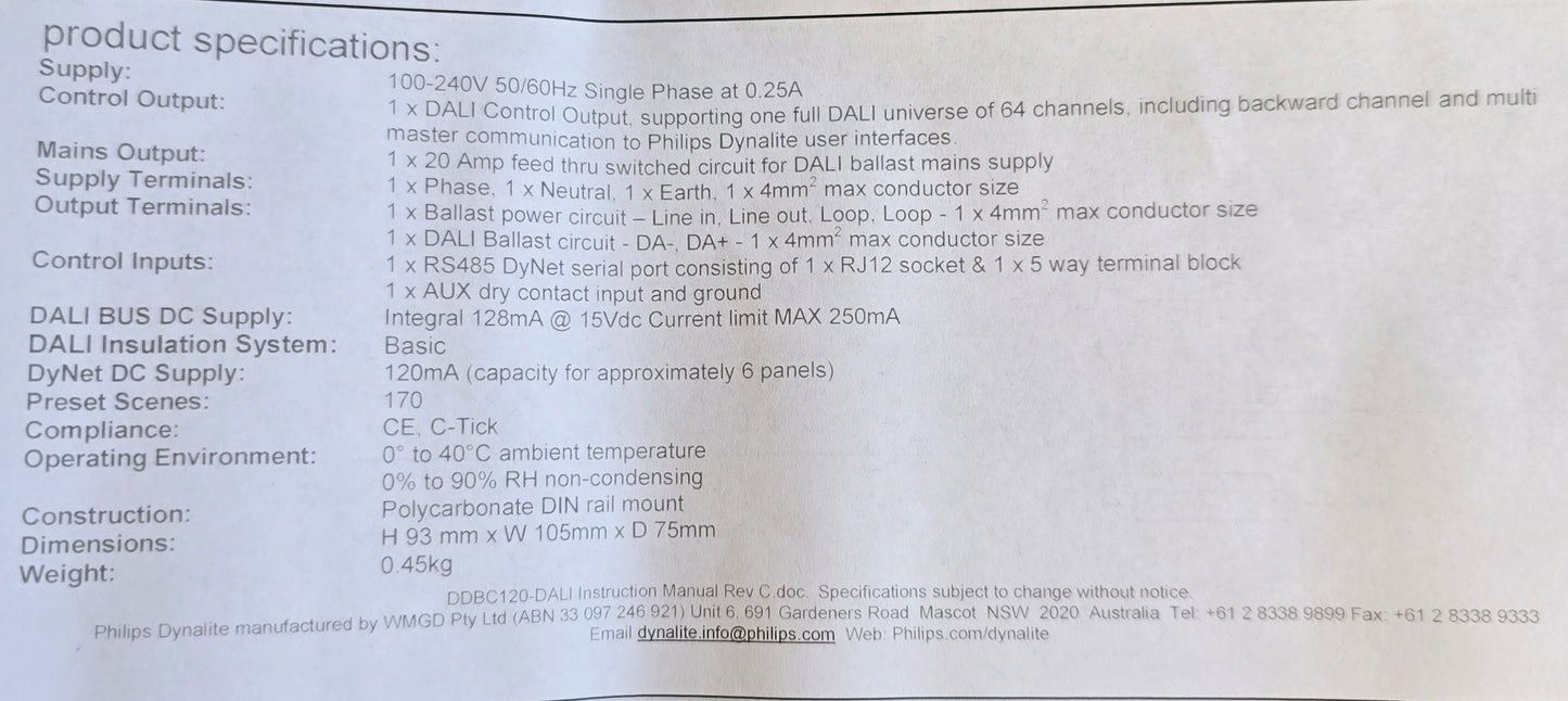 Philips-Dynalite DDBC120-DALI DALI Controller 20A DIN-Rail DyNet (NEW In Box)