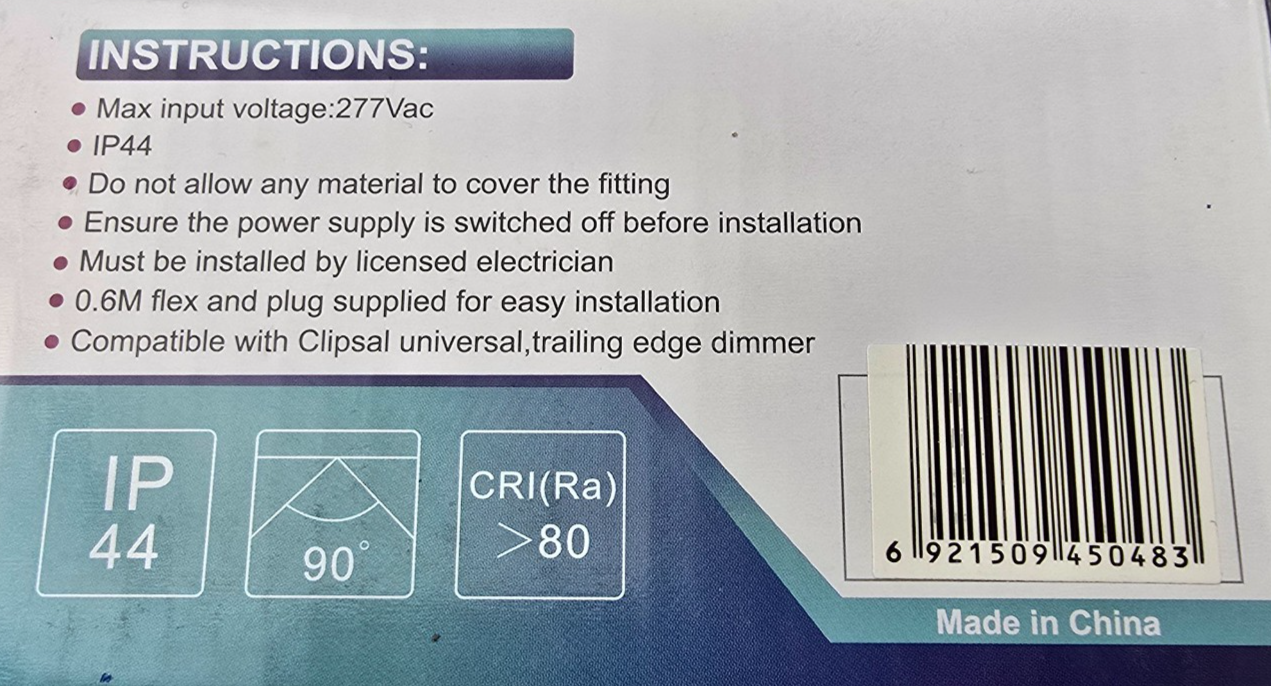 Lummax LED-DL9032WH LED Downlight 6000K 115cm 10W Dimmable IP44 (NEW In Box)