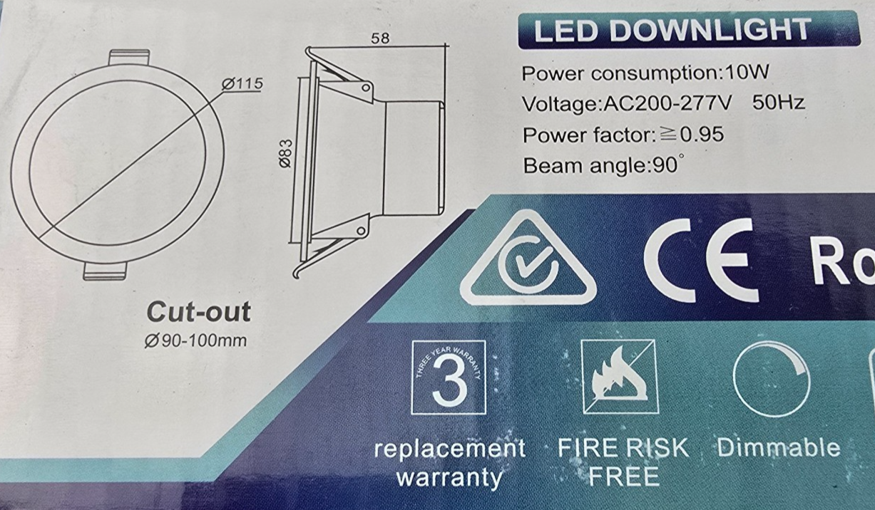 Lummax LED-DL9032WH LED Downlight 6000K 115cm 10W Dimmable IP44 (NEW In Box)