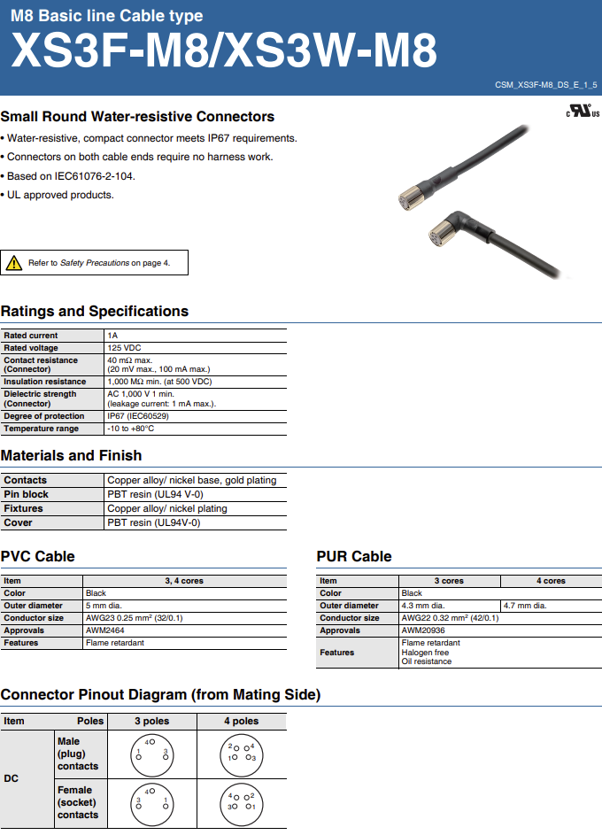 Omron XS3F-M8PVC3S10M Sensor cable, M8 straight socket (F), 3P, PVC, IP67, 10 m