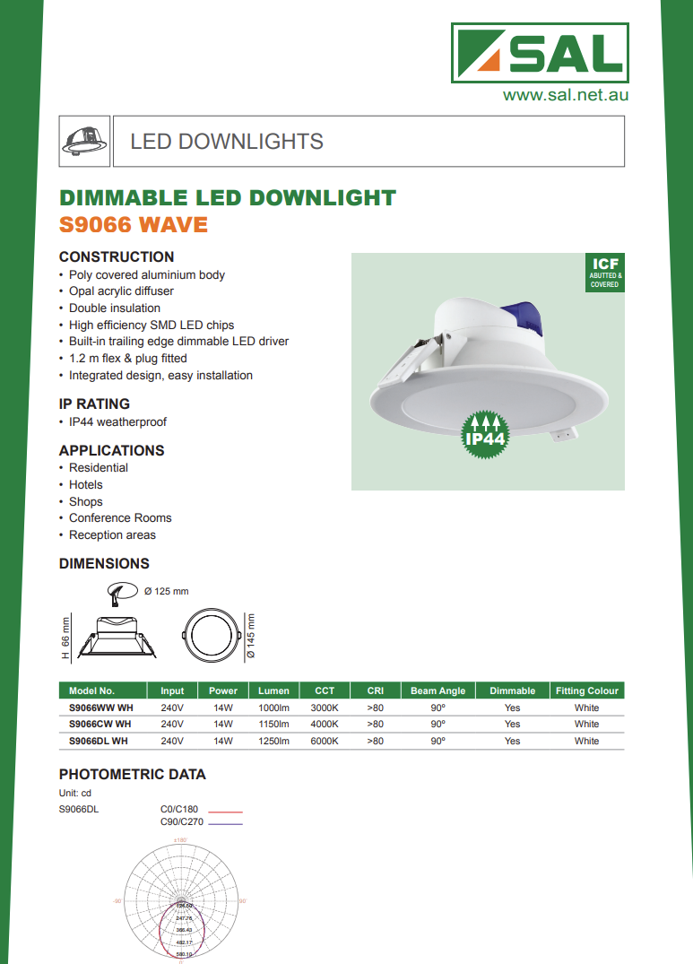 SAL S9066WW WAVE DIMMABLE LED DOWNLIGHT 3000K Warm White (NEW In Box)