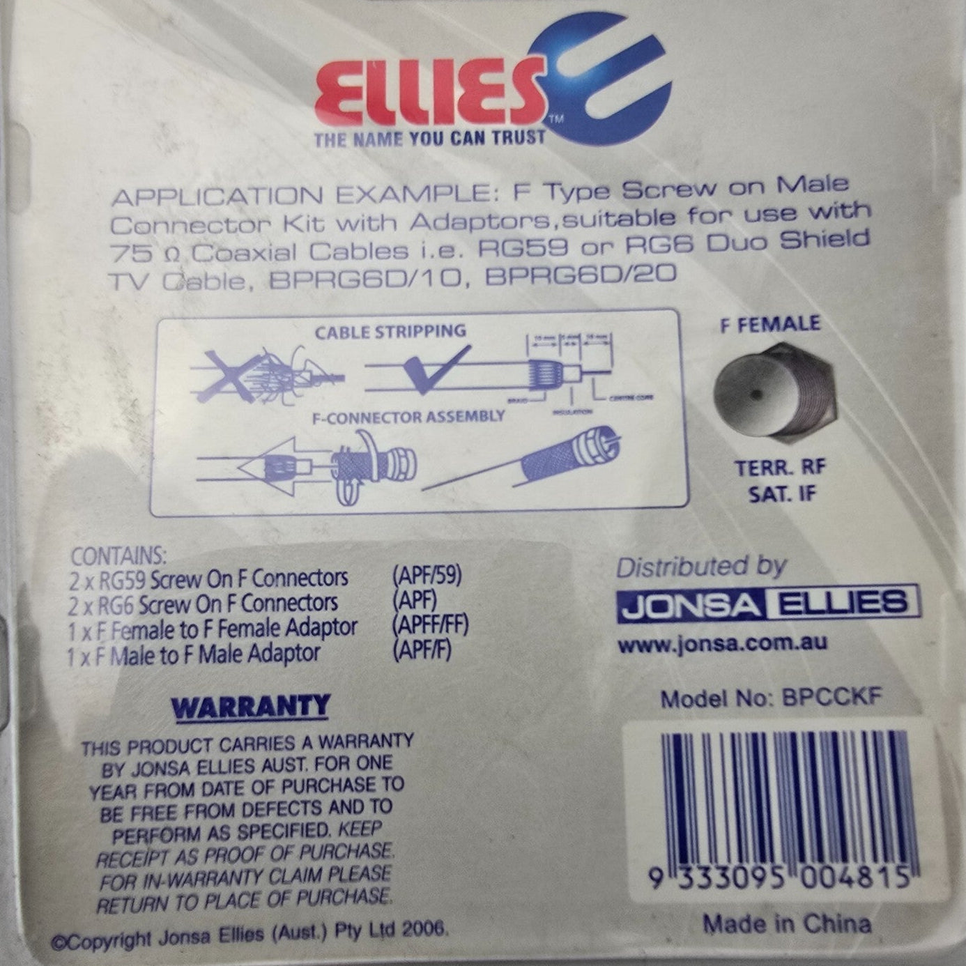 JONSA-ELLIES BPCCKF SCREW ON F CONNECTOR MALE KIT (NEW Sealed)