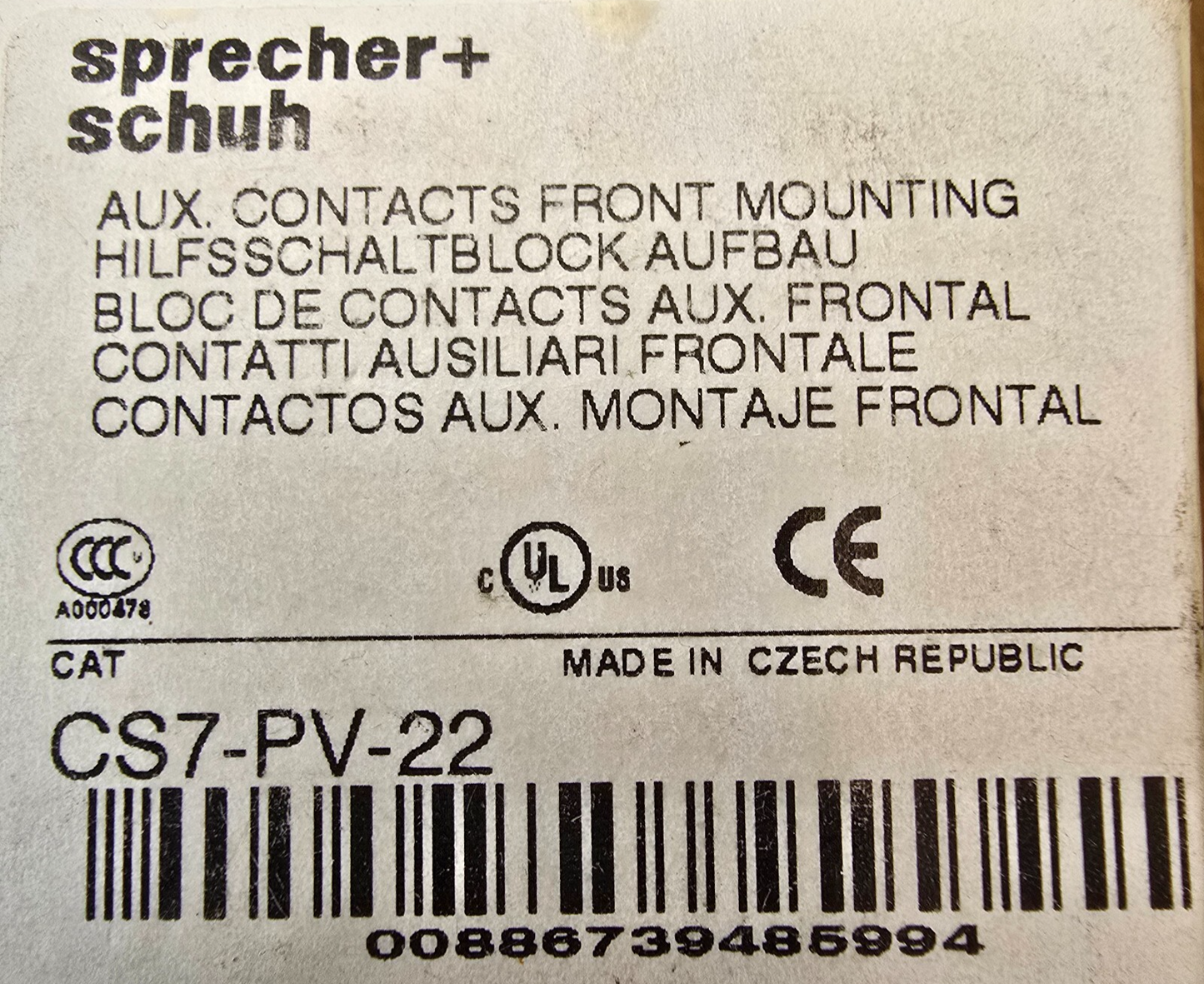 Sprecher+Schuh CS7-PV-22 CS7 Auxiliary Contact 2N/O 2N/C Top Mount (NEW In Box)