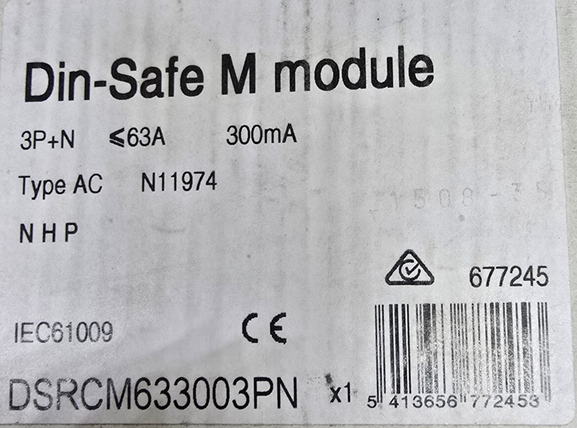 NHP DSRCM633003PN RCD DIN-SAFE CLIP ON 3P+N 63A 300mA TYPE AC (NEW In Box)