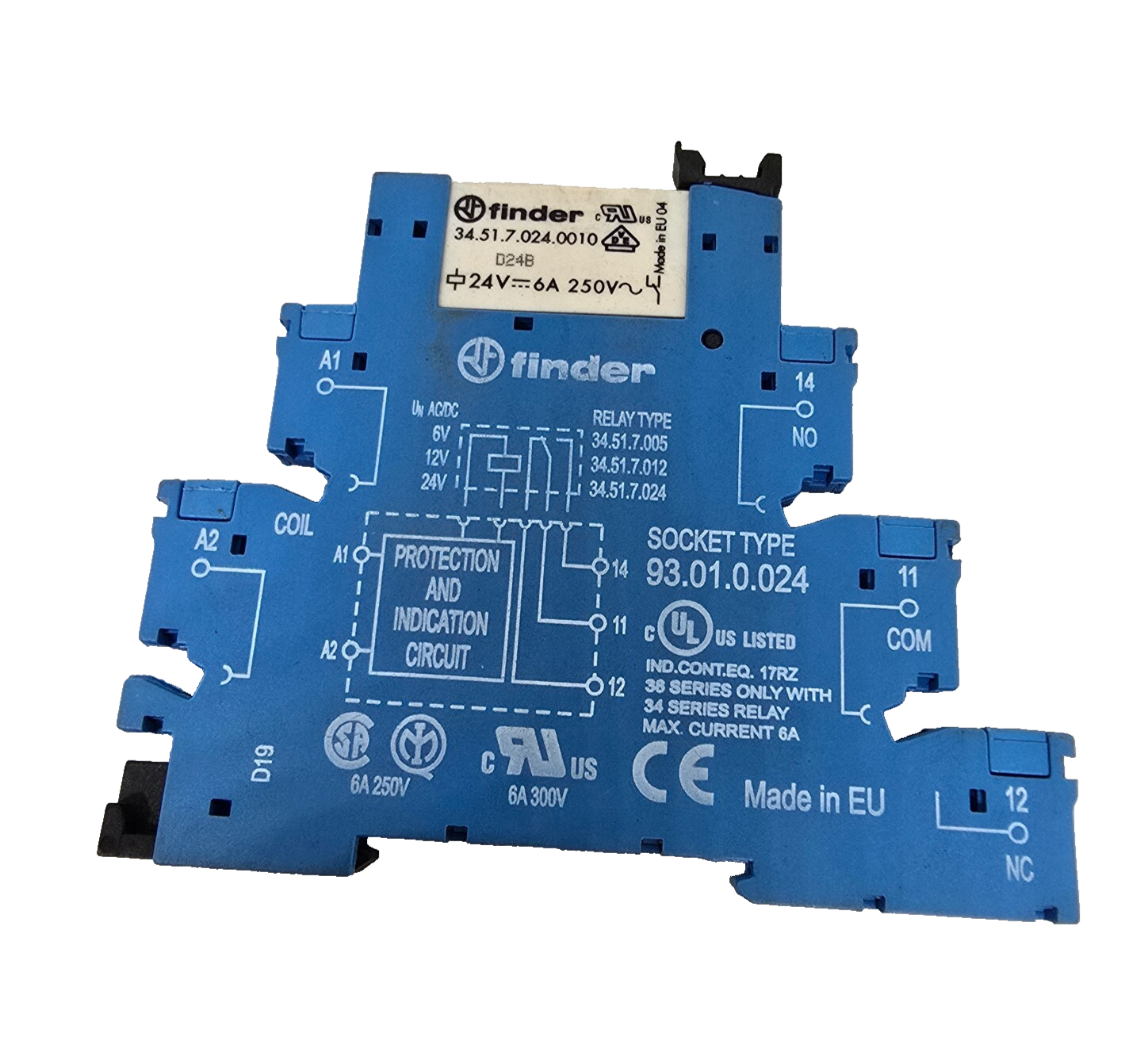 Finder 34.51.7.024.001 Power Relay 24V 6A with Finder 93.01.7.024 Relay Socket