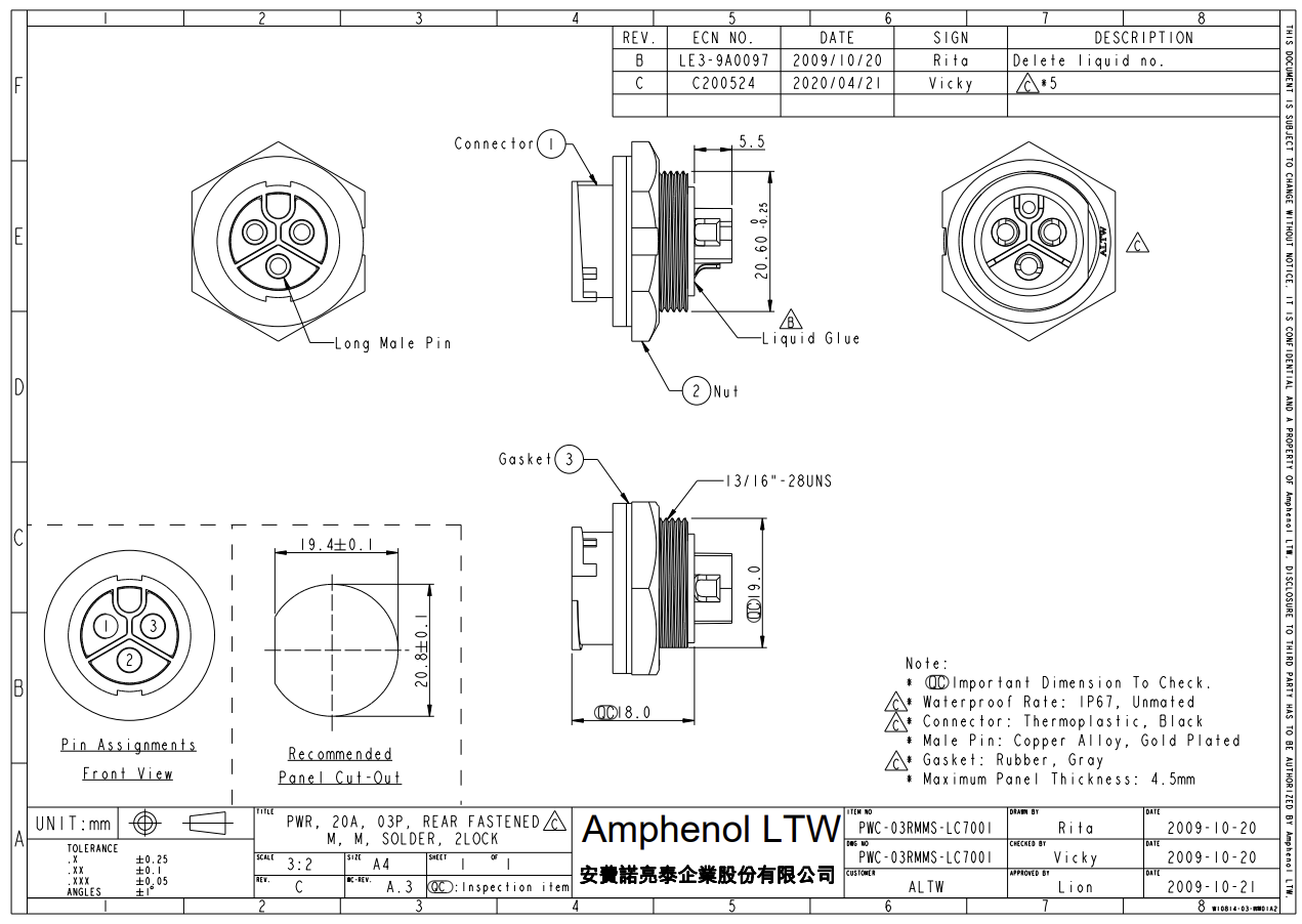LTW PWC-03RMMS-LC7001 3-Pin Waterproof Panel Mount Connector