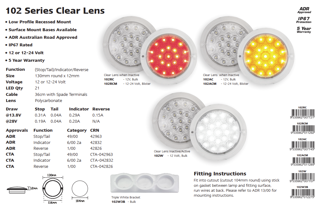 LED Autolamps 102AC 12V Clear Round Indicator Light ADR Approved IP67 (NEW)