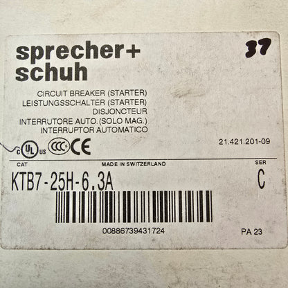 Sprecher+Schuh KTB7-25H-6.3A Motor Protection Circuit Breaker 6.3A KTB725H6P3A