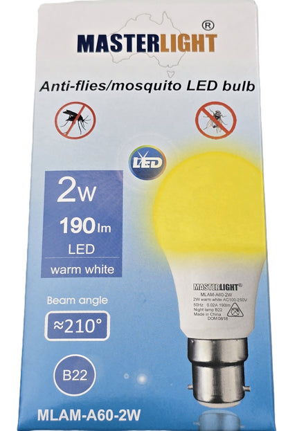 MasterLight MLAM-A60-2W Anti-Mosquito LED Bulb B22 2W 190lm Warm Wh [2Pk] (NEW)