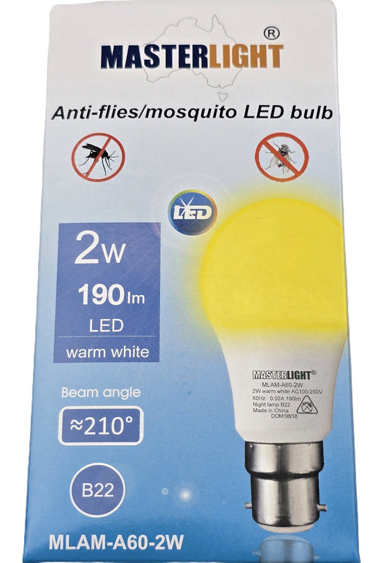 MasterLight MLAM-A60-2W Anti-Mosquito LED Bulb B22 2W 190lm Warm [10Pk] (NEW)