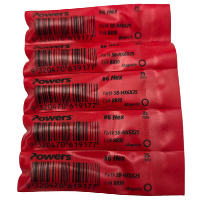 POWERS SB-HX6X25 #6 x 25mm B855 Hex Magnetic Torsion Zone Bit [5 Pack]