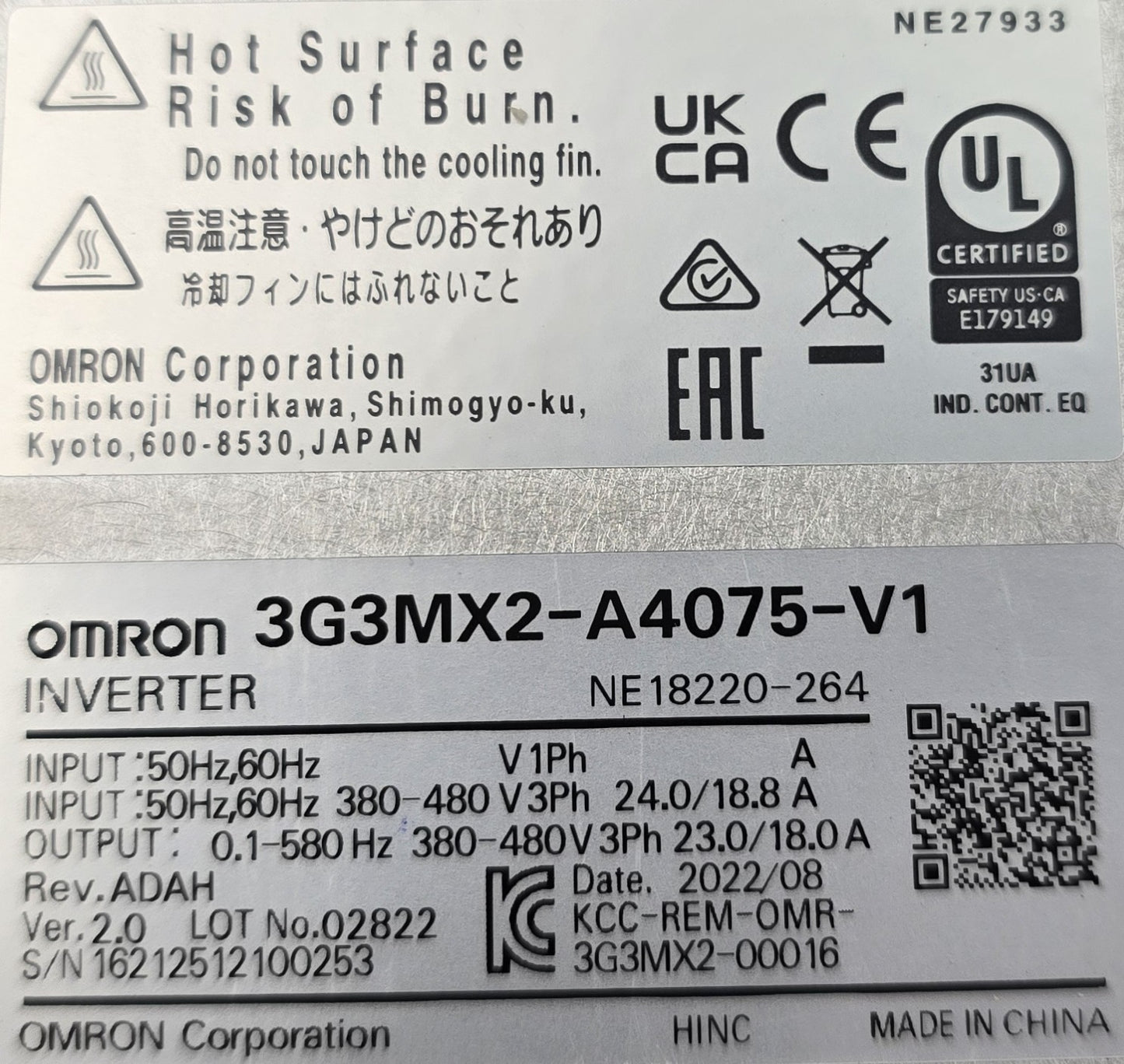 Omron 3G3MX2-A4075-V1 MX2 Inverter 7.5kW 400V 3 Phase VFD (NEW)