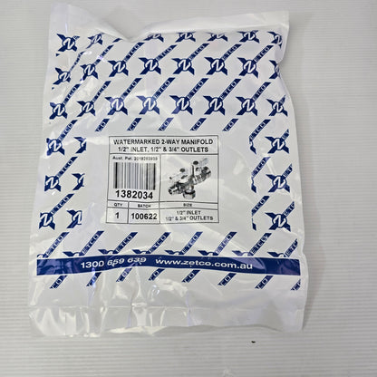 ZETCO 1382034 Watermarked 2 Way Manifold 1/2 Inlet 1/2 + 3/4 Outlets PN16 Brass