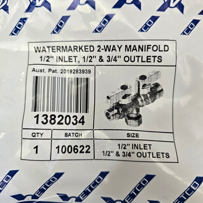 ZETCO 1382034 Watermarked 2 Way Manifold 1/2 Inlet 1/2 + 3/4 Outlets PN16 Brass