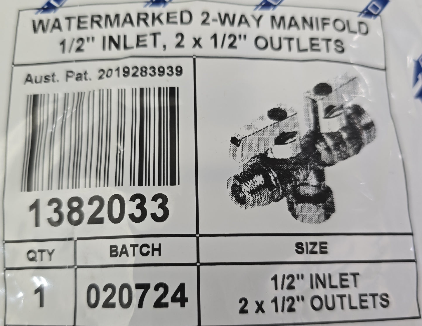 ZETCO 1382033 Watermarked 2-Way Manifold 1/2" Inlet to 2 x 1/2" Outlets (NEW)