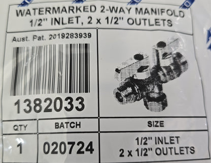 ZETCO 1382033 Watermarked 2-Way Manifold 1/2" Inlet to 2 x 1/2" Outlets (NEW)