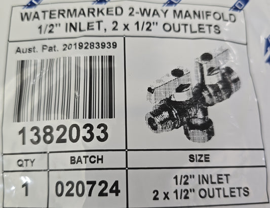 ZETCO 1382033 Watermarked 2-Way Manifold 1/2" Inlet to 2 x 1/2" Outlets (NEW)
