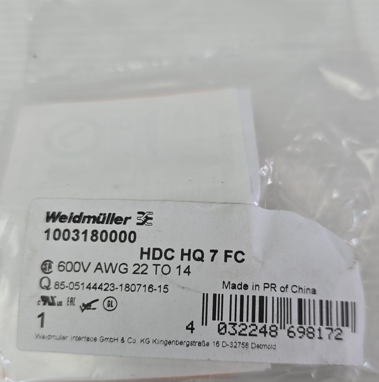 Weidmuller 1003180000 HDC HQ 7 FC Female Insert 7-Pin Heavy Duty Connector (NEW)