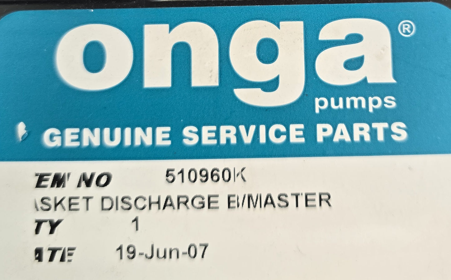Onga 510960K Discharge gasket for E Master pump assembly (NEW Sealed)