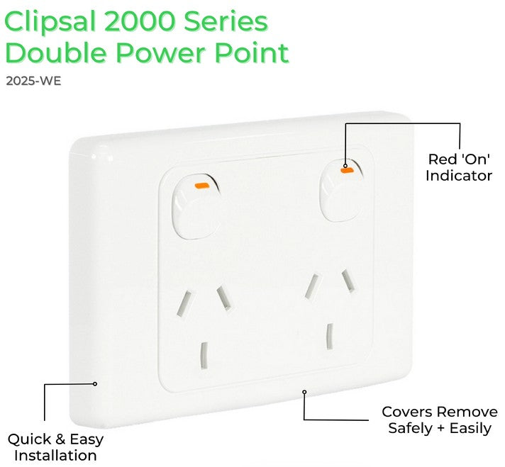 Clipsal 2025-WE Twin Switch Socket Outlet 250V 10A 2000 Series