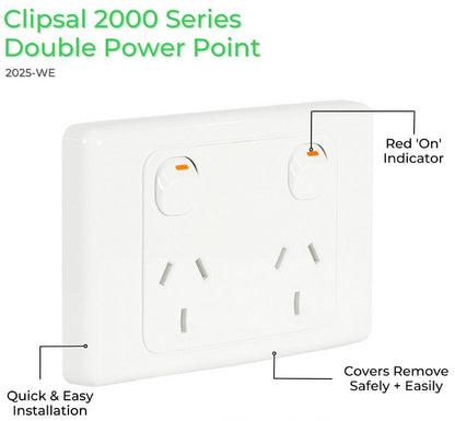 Clipsal 2025-WE Twin Switch Socket Outlet 250V 10A 2000 Series