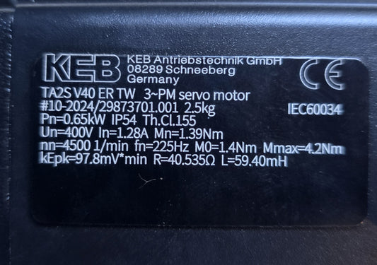 KEB TA2S-V40-ER-TW 0.65kW Servo Motor 400V 4500RPM IEC60034 (New Opened)