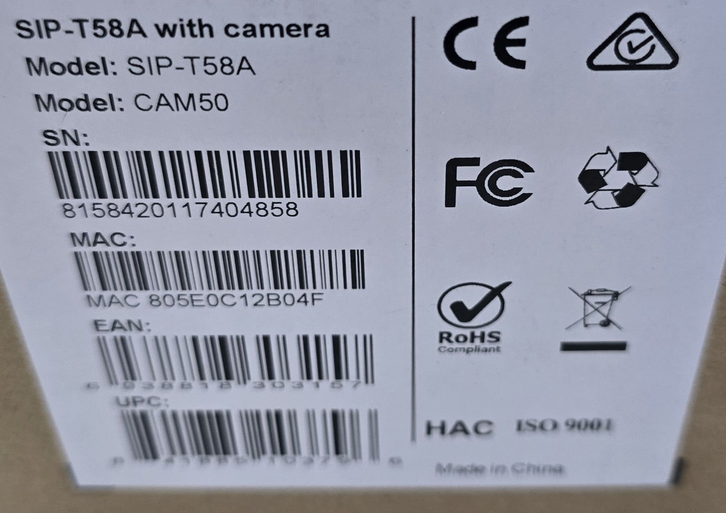 Yealink SIP-T58A Smart IP Phone w/ CAM50 Camera Touchscreen (New Opened)