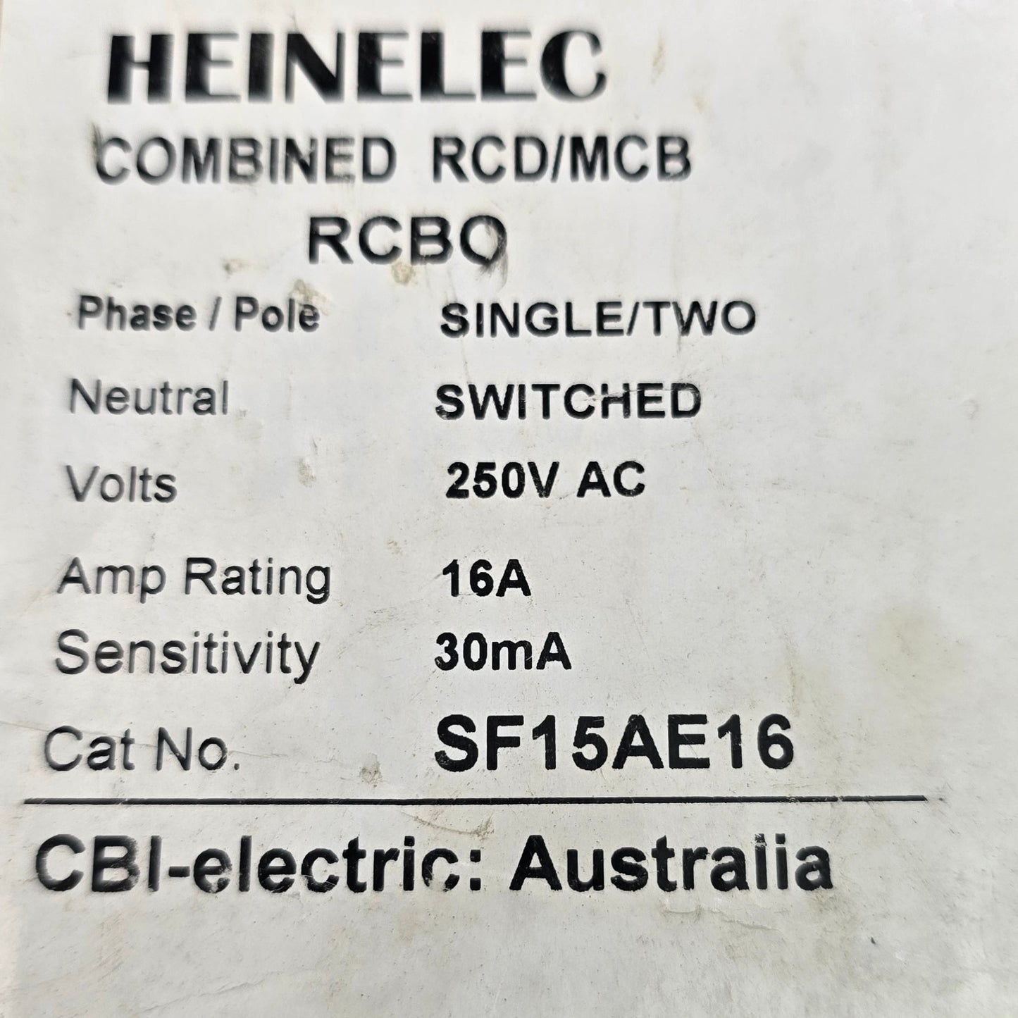 Heinelec SF15AE Combined RCD/MCB RCBO 16A 30mA 2 Pole 240V (Spares Stock)
