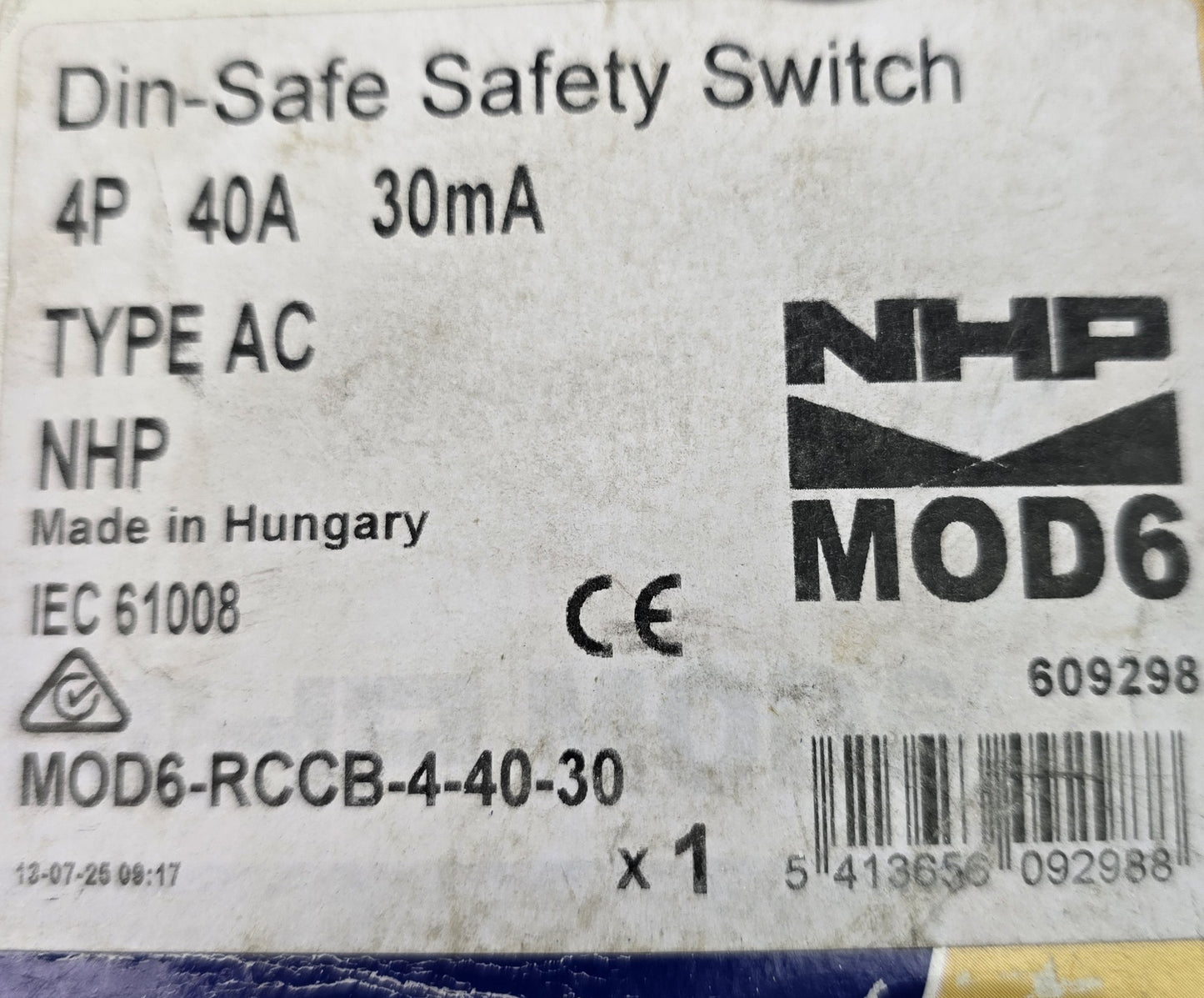 NHP-Terasaki MOD6-RCCB-4-40-30 RCCB 4-Pole 40A 30mA Type AC (Spares Stock)