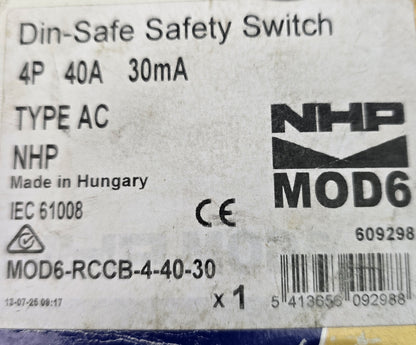 NHP-Terasaki MOD6-RCCB-4-40-30 RCCB 4-Pole 40A 30mA Type AC (Spares Stock)