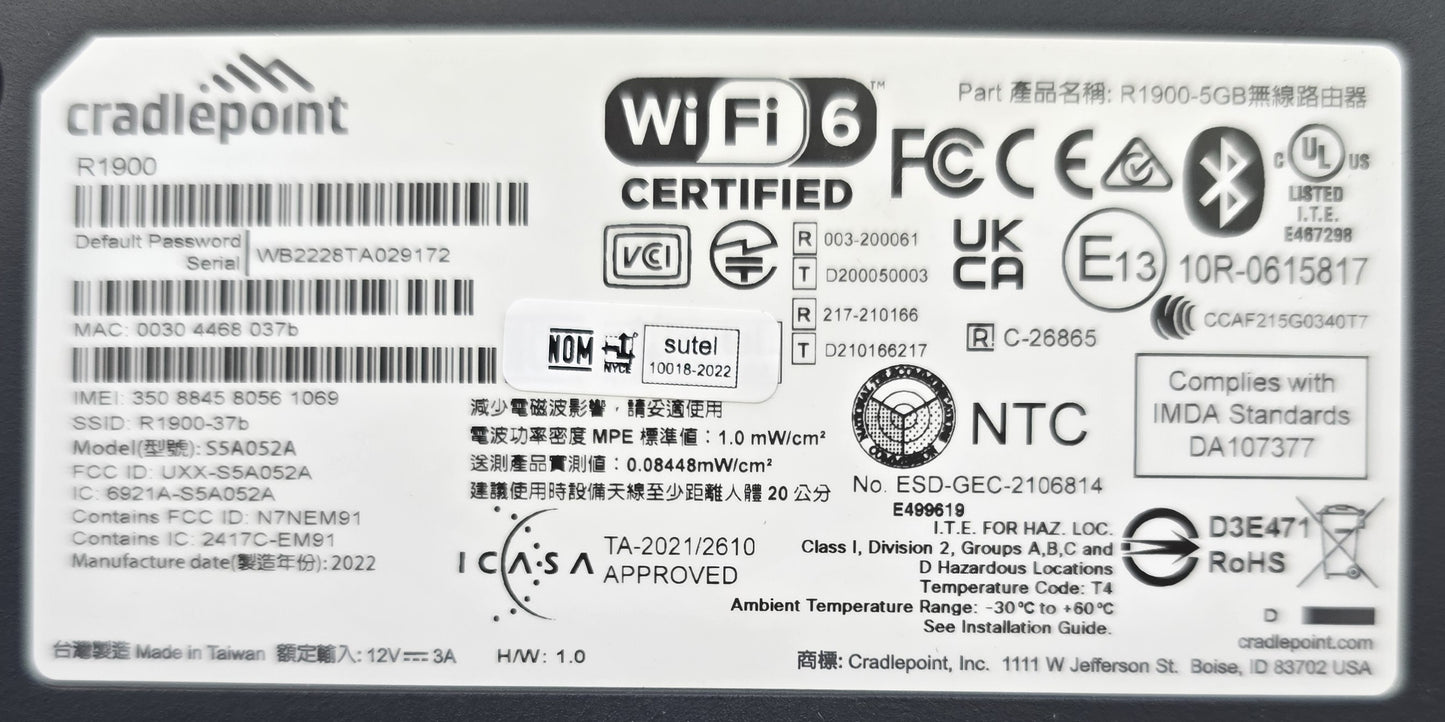 Cradlepoint R1900-5GB WiFi 6 5G Cellular Router MB01-19005GB-GA (New Opened)