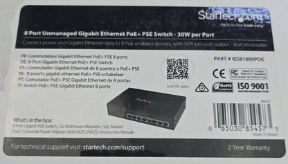 Startech.com IES81000POE 8 Port Unmanaged Gigabit PoE+ Switch 30W (NEW In Box)