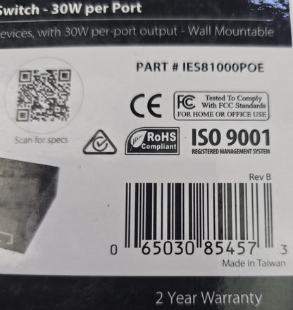 Startech.com IES81000POE 8 Port Unmanaged Gigabit PoE+ Switch 30W (NEW In Box)