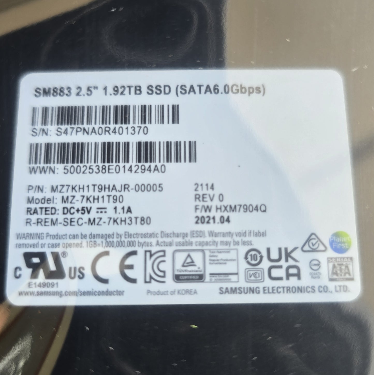 Samsung SM883 1.92TB 2.5" SATA 6Gb/s Enterprise SSD MZ-7KH1T90 (NEW Sealed)