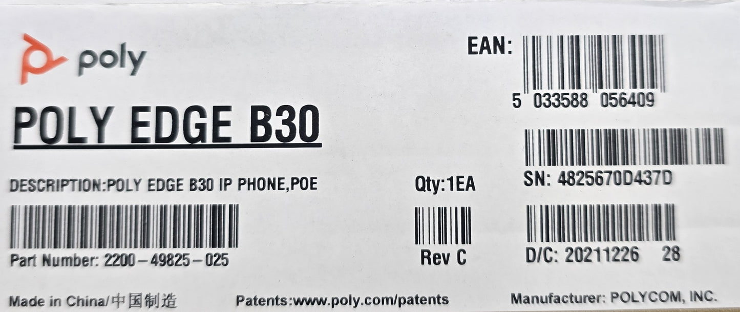 Polycom 2200-49825-025 Poly Edge B30 IP Phone 4 Line VoIP PoE Black (NEW In Box)