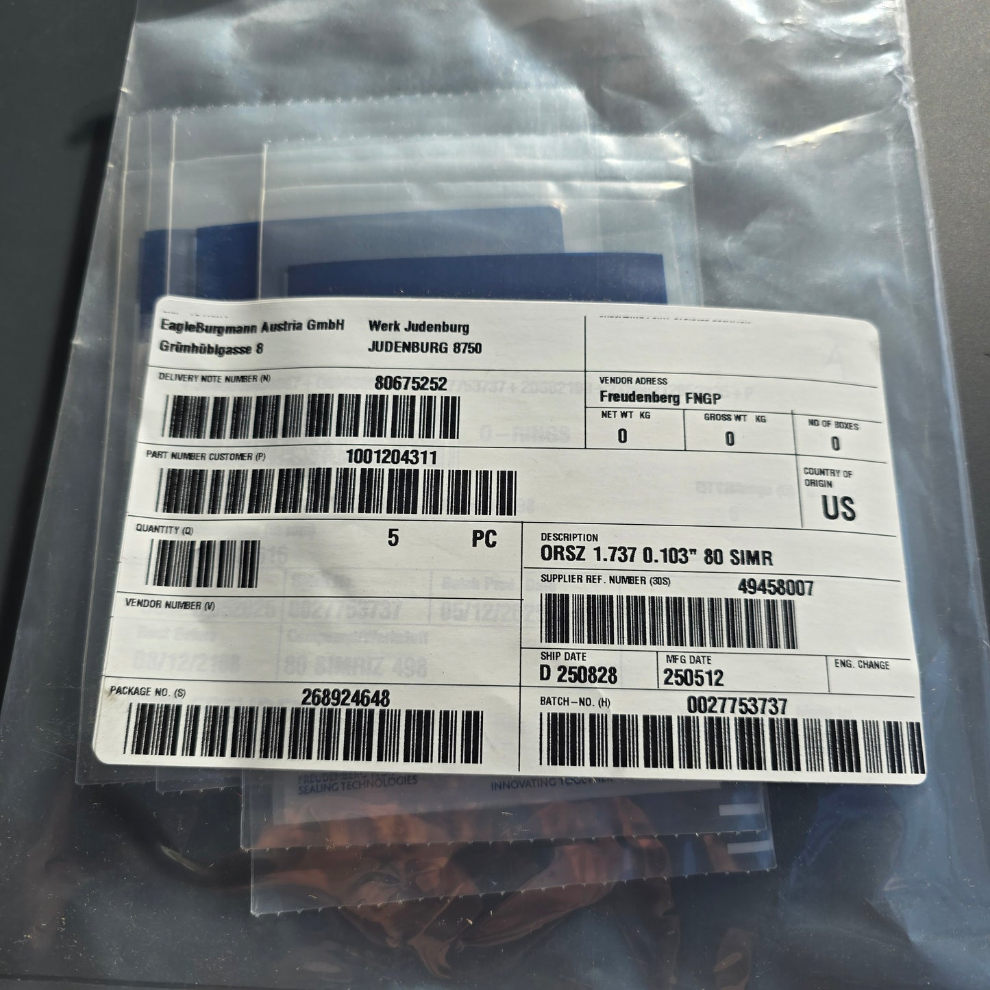 Freudenberg 1001204311 Simriz FFKM O-Ring 1.737" x 0.103" 80 Shore (NEW Sealed)