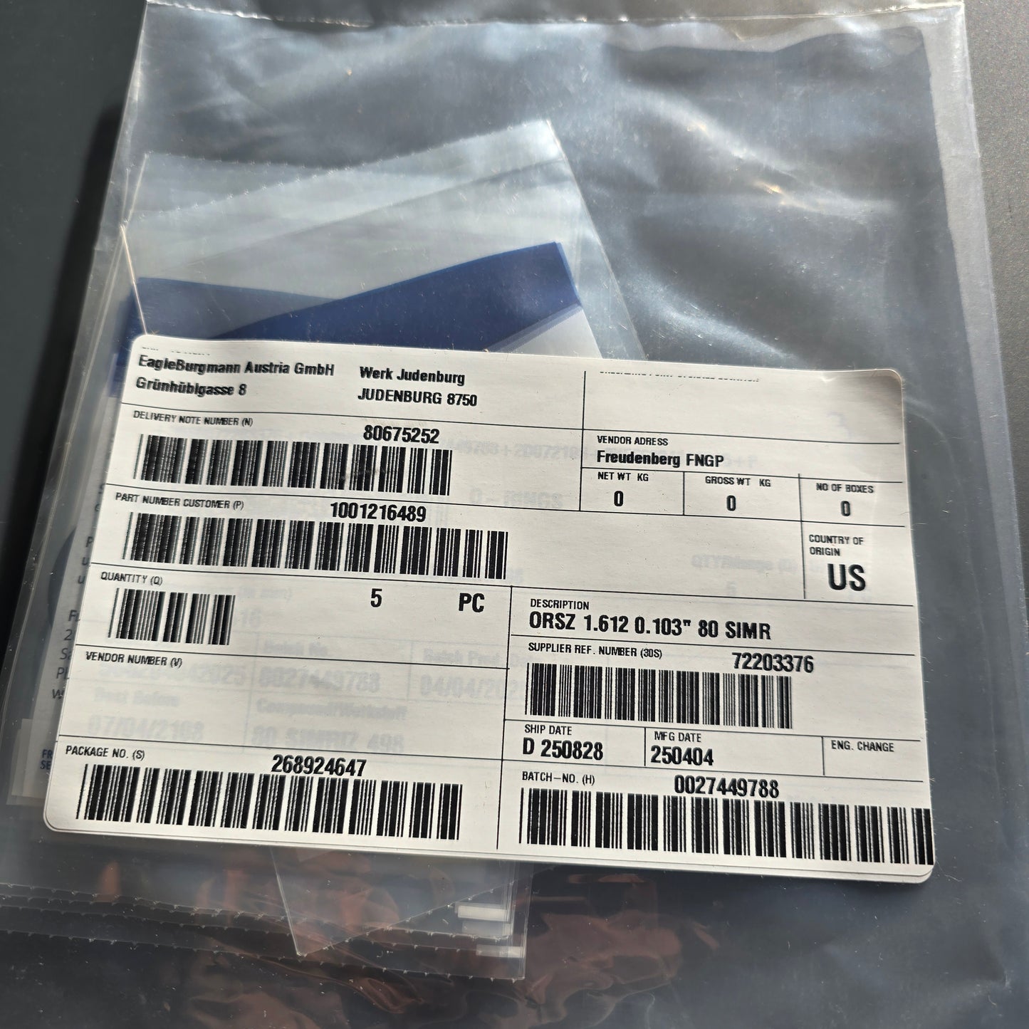 Freudenberg 1001216489 Simriz FFKM O-Ring 1.612" x 0.103" 80 Shore (NEW Sealed)