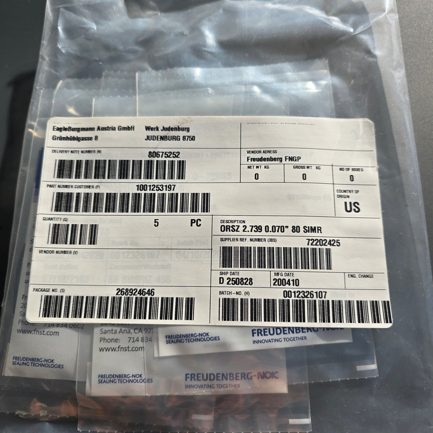Freudenberg 1001253197 Simriz FFKM O-Ring 2.739" x 0.070" 80 Shore (NEW Sealed)