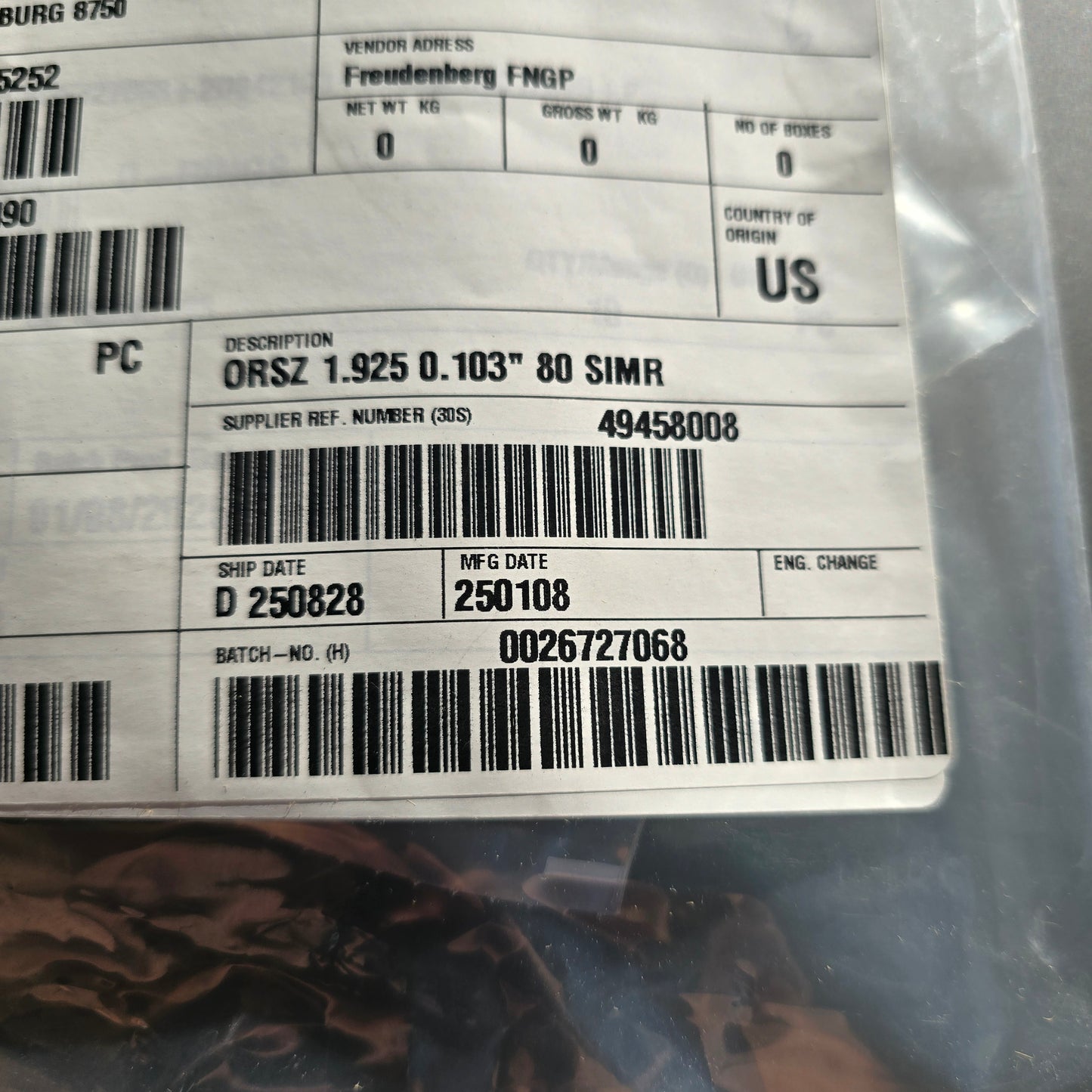 Freudenberg 1001216490 Simriz FFKM O-Ring 1.925" x 0.103" 80 Shore (NEW Sealed)