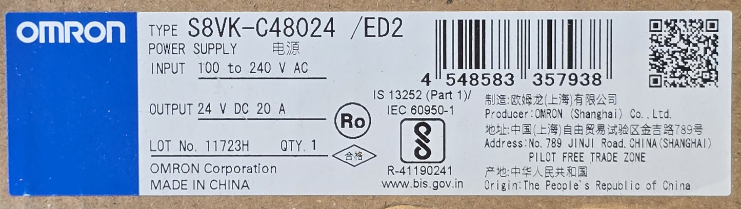 OMRON S8VK-C48024 /ED2 24VDC 20A 480W Power Supply (NEW Sealed)