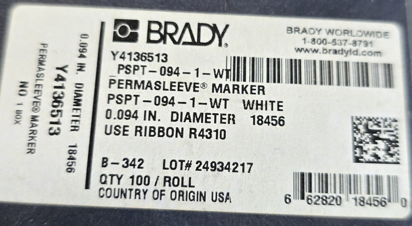 BRADY PSPT-094-1-WT PermaSleeve Heat Shrink Wire Markers [Roll 100] (NEW In Box)