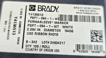 BRADY PSPT-094-1-WT PermaSleeve Heat Shrink Wire Markers [Roll 100] (NEW In Box)