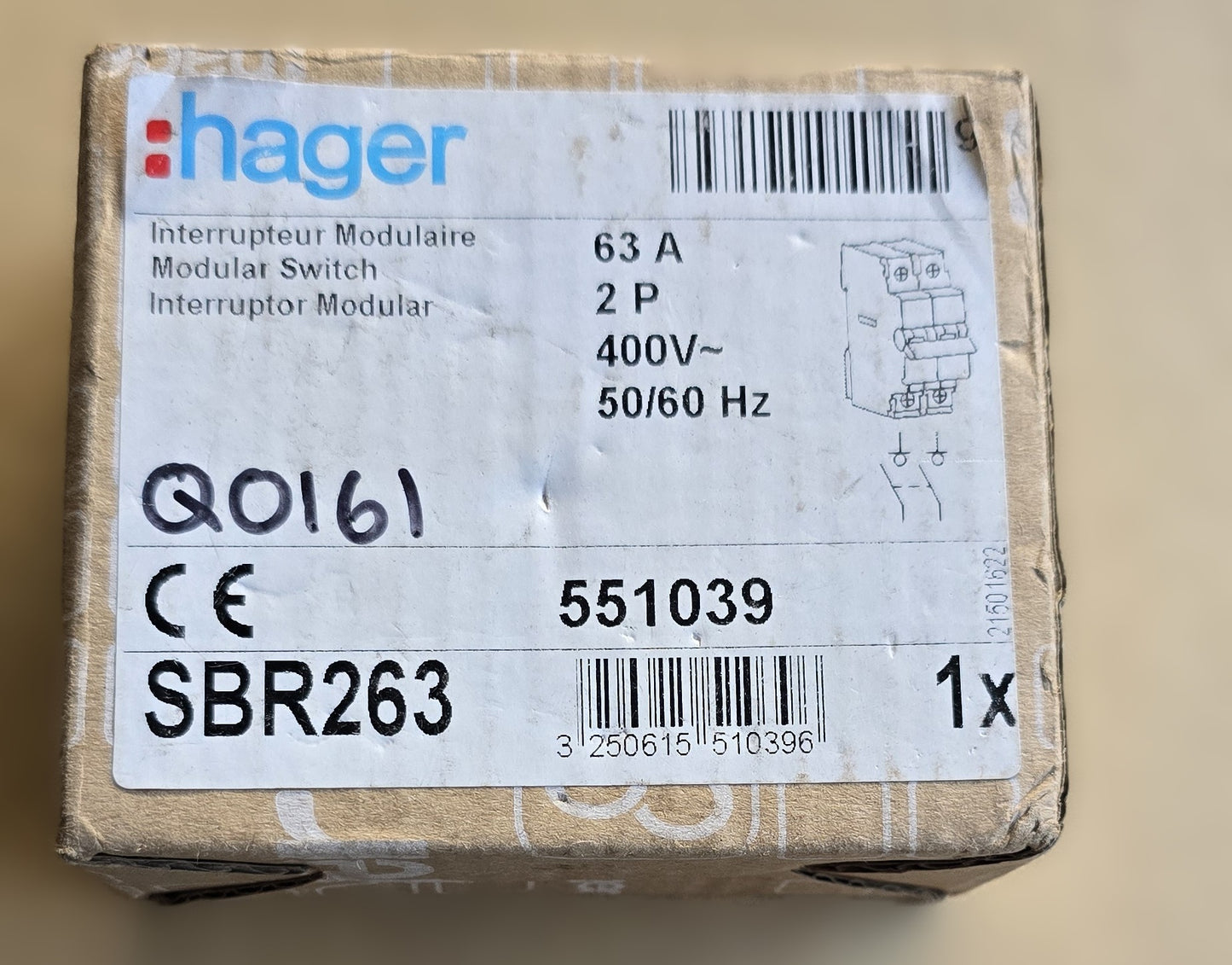 Hager SBR263 2P 63A 400V Modular Switch Disconnector Isolator (Spares Stock)